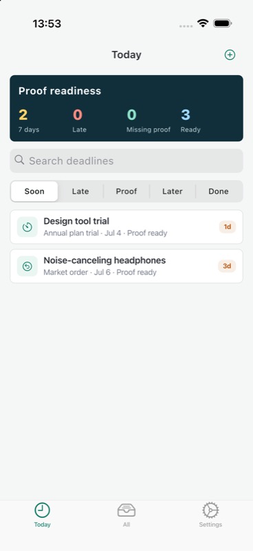 DueLog home screen showing upcoming deadlines, proof readiness, and return, trial, and warranty reminders.